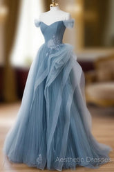 Gray Blue Tulle Lace Long Evening Prom Dresses, Gray Blue Formal Dresses